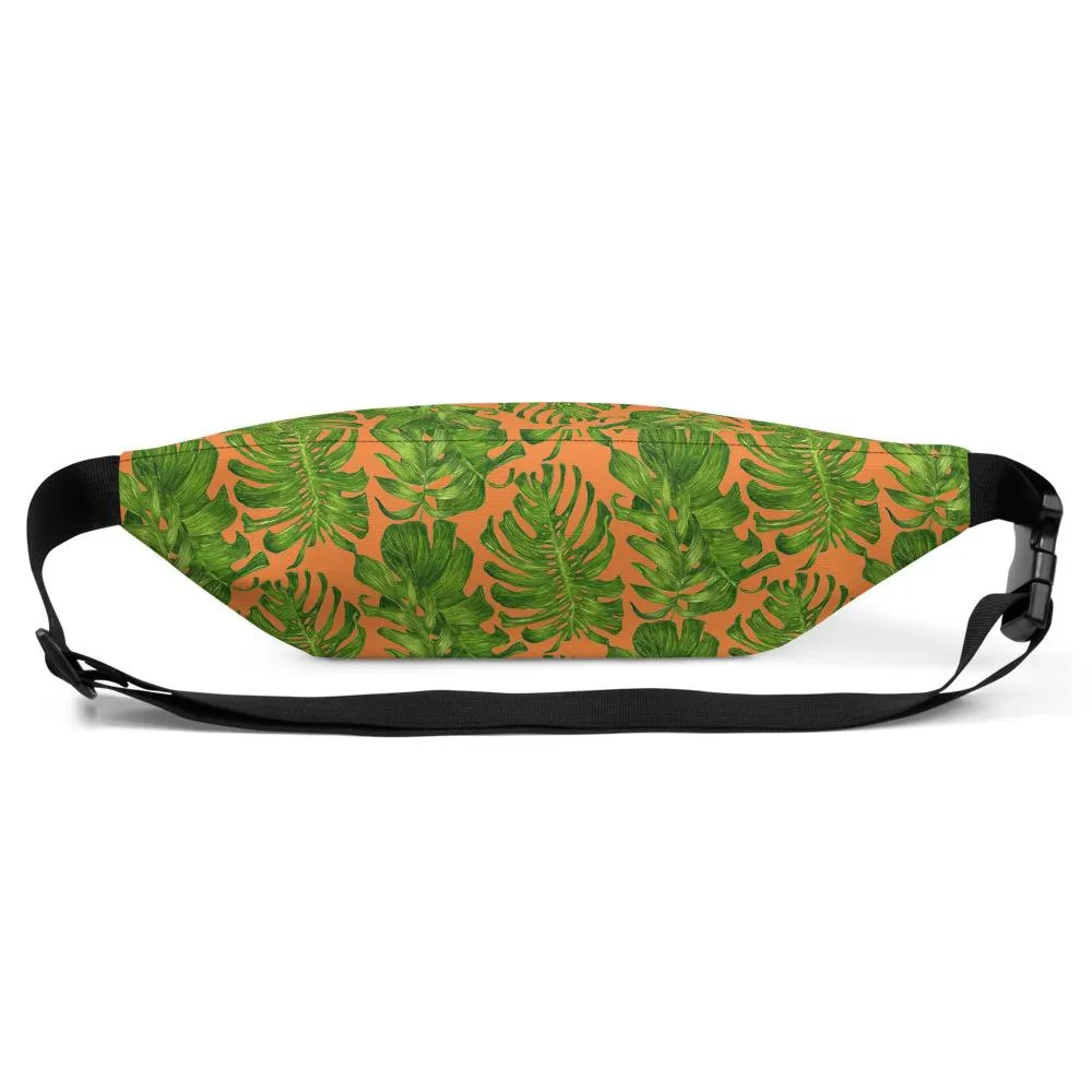 Orange Tropical Fanny Pack, Tropical Leaf Print Designer Waist Belt Bag Fanny Pack Waist Bag- Made in USA