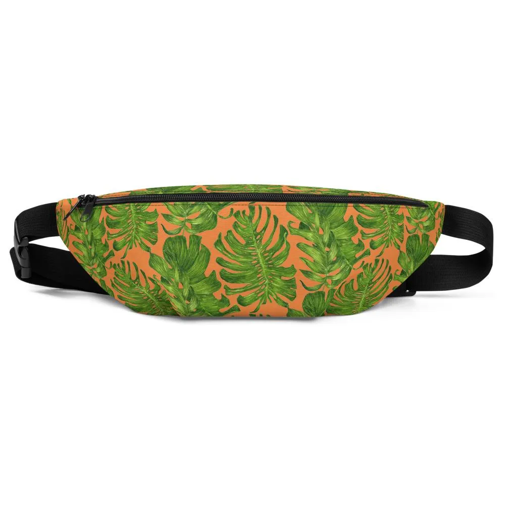 Orange Tropical Fanny Pack, Tropical Leaf Print Designer Waist Belt Bag Fanny Pack Waist Bag- Made in USA