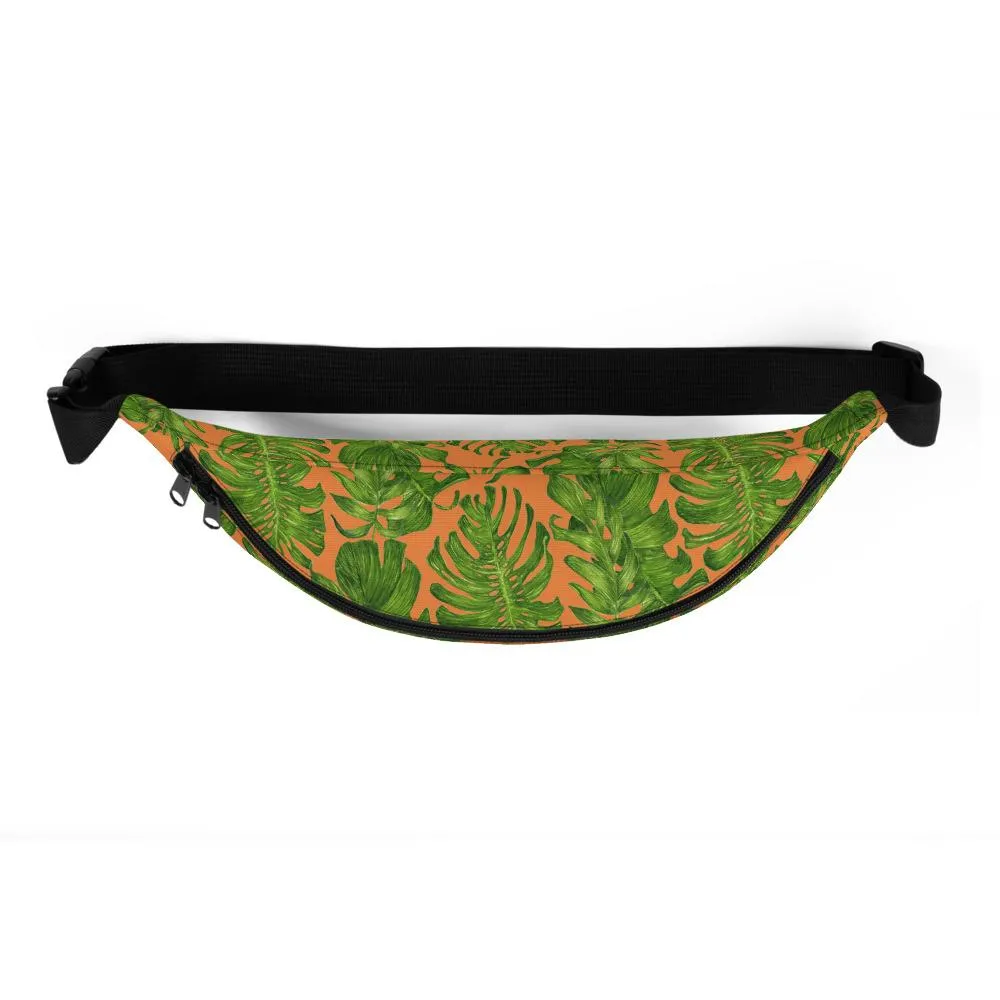 Orange Tropical Fanny Pack, Tropical Leaf Print Designer Waist Belt Bag Fanny Pack Waist Bag- Made in USA