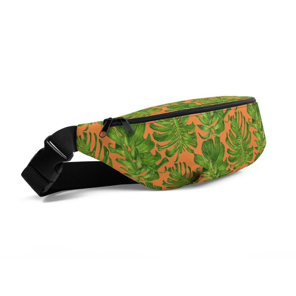 Orange Tropical Fanny Pack, Tropical Leaf Print Designer Waist Belt Bag Fanny Pack Waist Bag- Made in USA