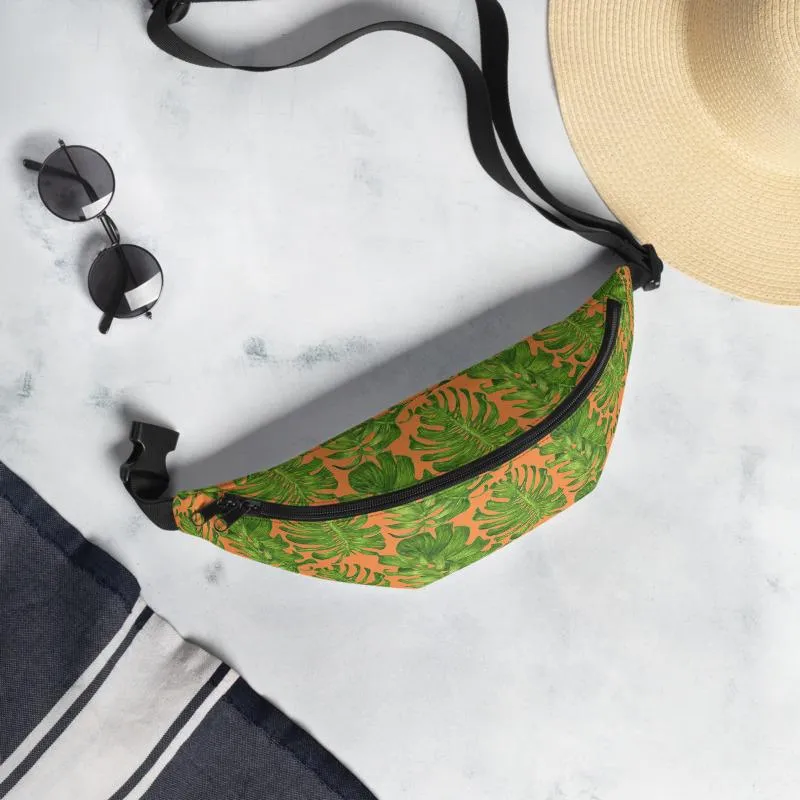 Orange Tropical Fanny Pack, Tropical Leaf Print Designer Waist Belt Bag Fanny Pack Waist Bag- Made in USA