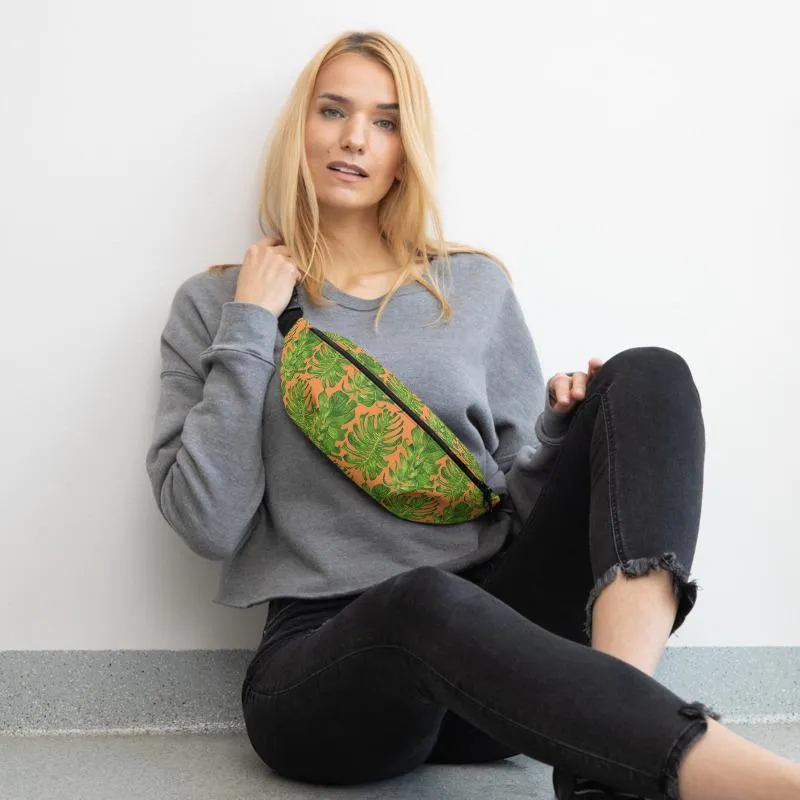 Orange Tropical Fanny Pack, Tropical Leaf Print Designer Waist Belt Bag Fanny Pack Waist Bag- Made in USA