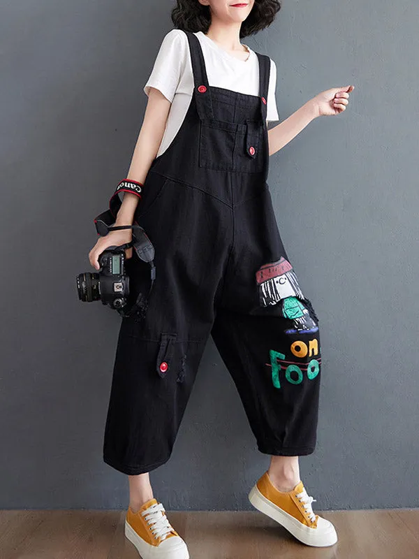 Original Cartoon Printed Puff Denim Overalls