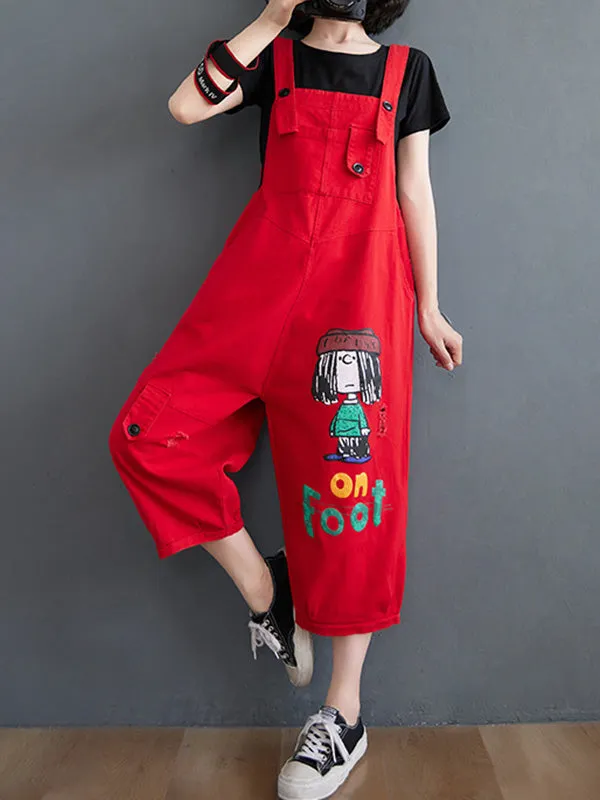 Original Cartoon Printed Puff Denim Overalls