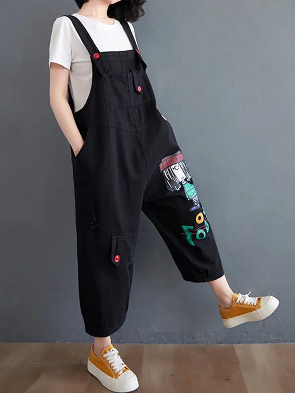 Original Cartoon Printed Puff Denim Overalls