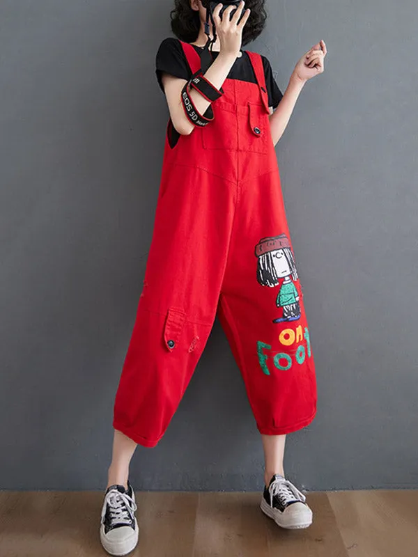 Original Cartoon Printed Puff Denim Overalls