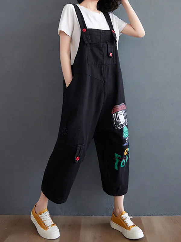 Original Cartoon Printed Puff Denim Overalls