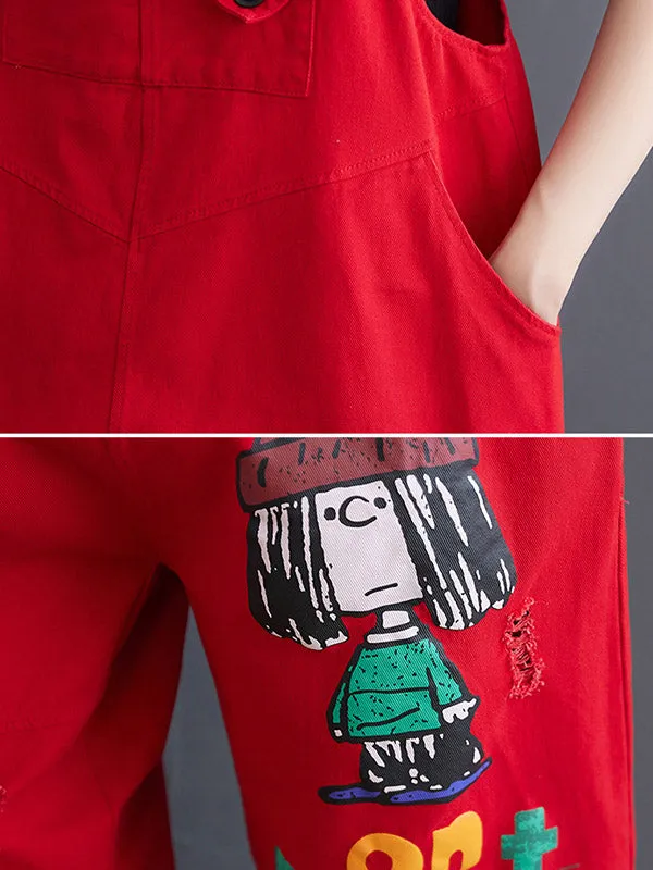 Original Cartoon Printed Puff Denim Overalls