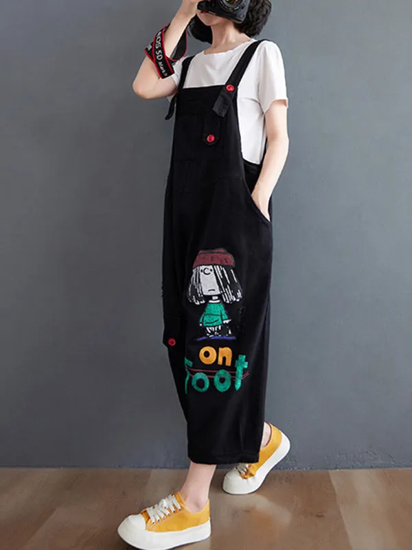 Original Cartoon Printed Puff Denim Overalls