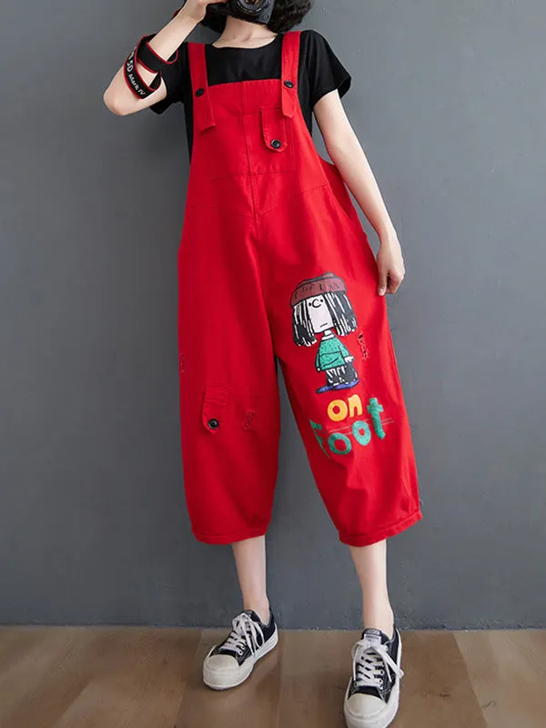 Original Cartoon Printed Puff Denim Overalls