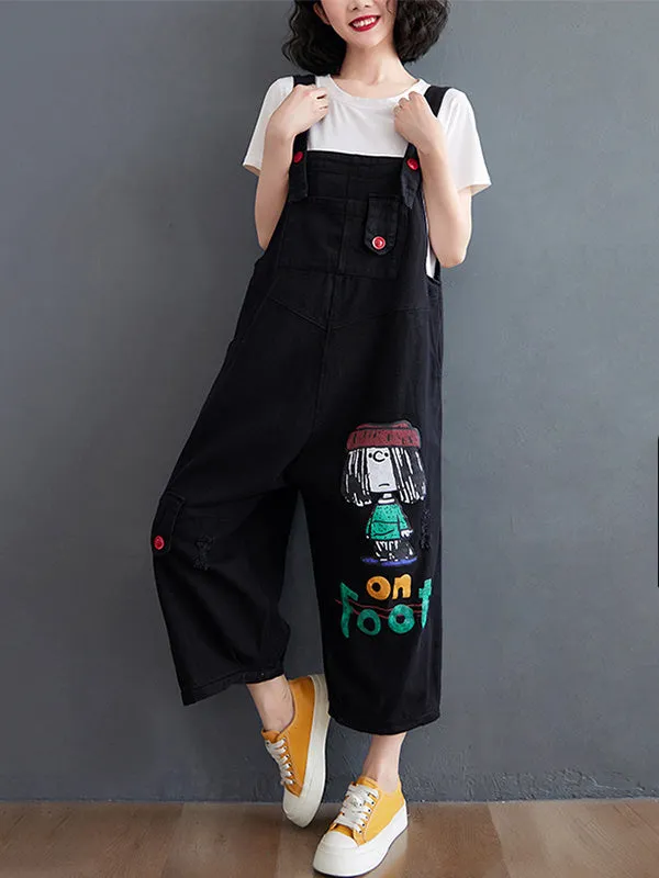 Original Cartoon Printed Puff Denim Overalls