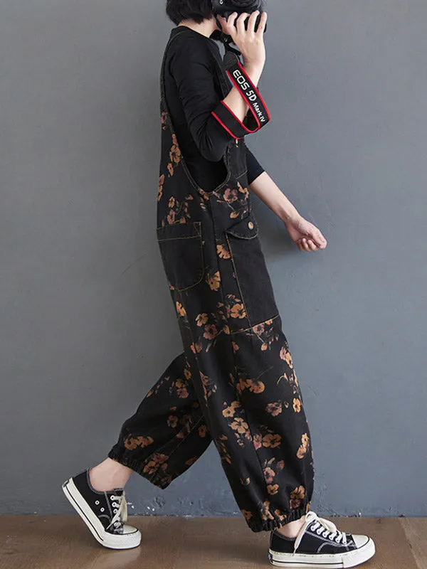 Original Floral With Pocket Harem Denim Overalls