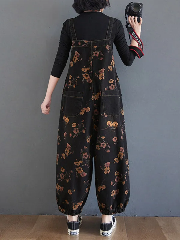 Original Floral With Pocket Harem Denim Overalls