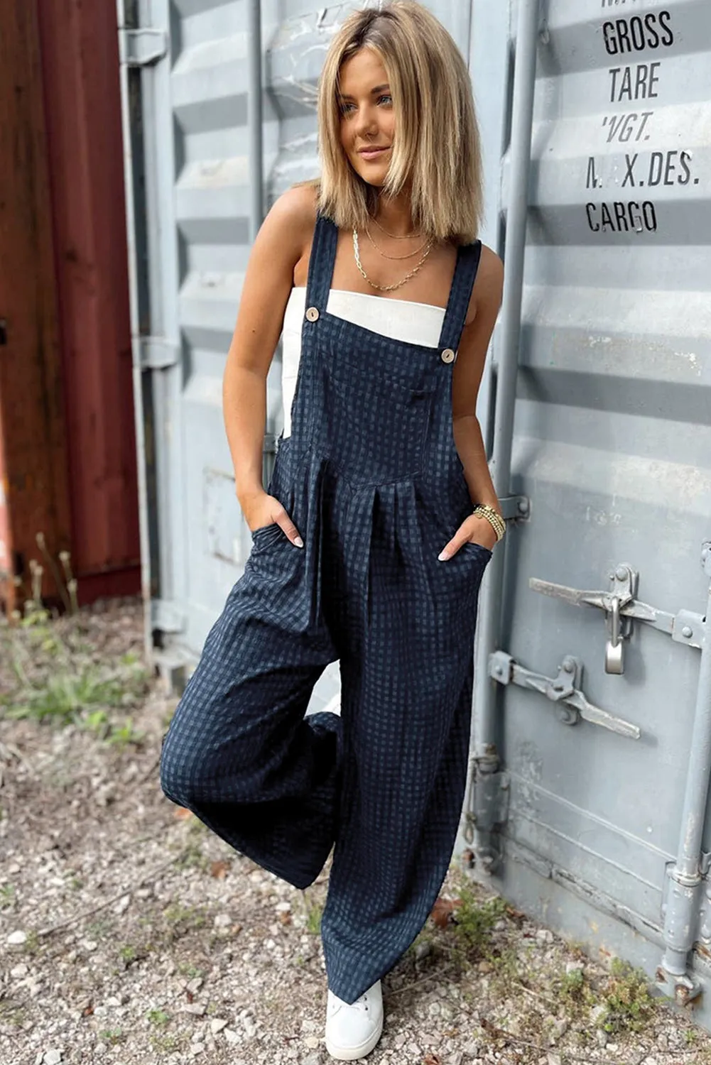 Plaid Wide Strap Wide Leg Overalls