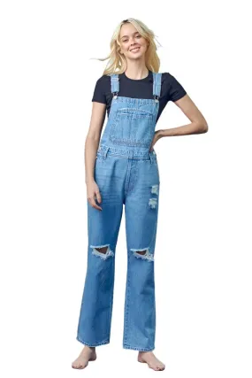 Pocket Patched Ripped Denim Overalls