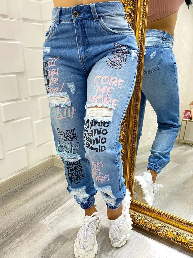 Print Ripped Jeans Casual Jeans Women*