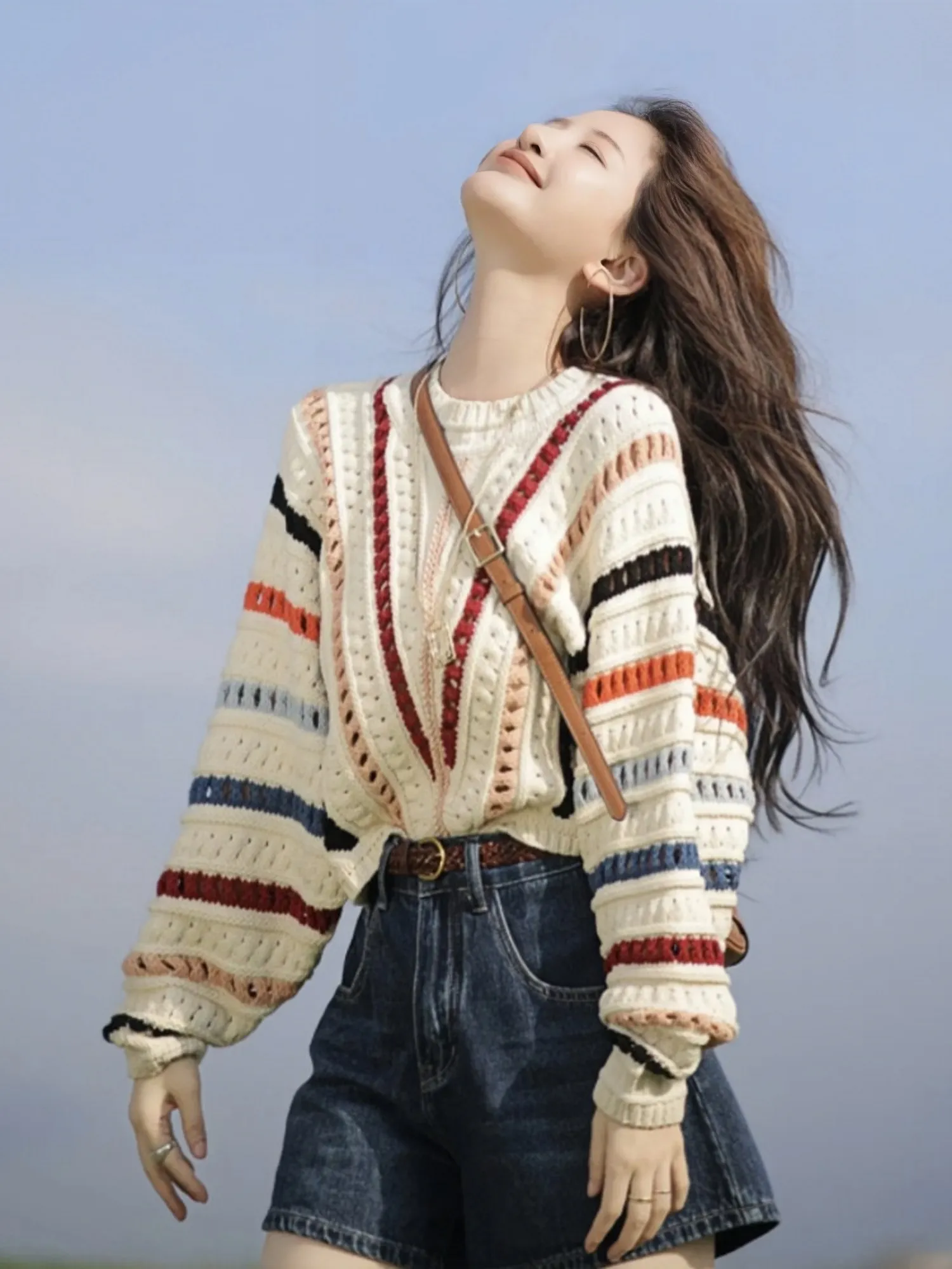 Rainbow Striped Crocheted Hollow Pullover Sweater