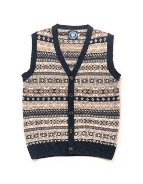 SHETLAND FAIR ISLE VEST CARDIGAN - CHARCOAL