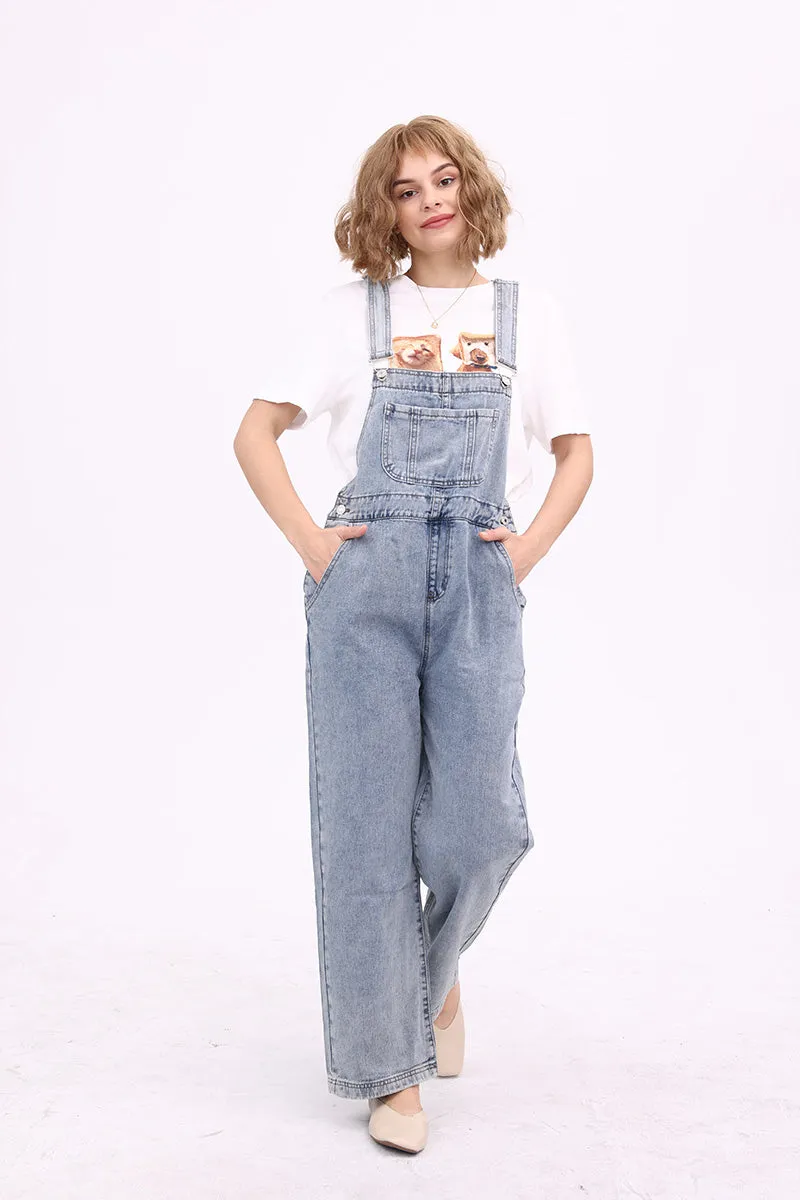 Slant Pocket Wide Leg Denim Overalls