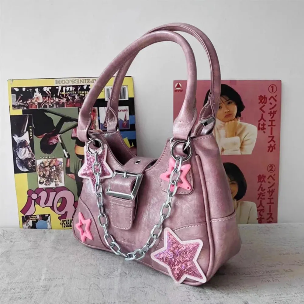 Sohiwoo Y2k Pink Shoulder Bag Women'S Star Pattern Pu Leather Underarm Harajuku Tote Chain Cross Body Handbag Cool Hiphop Zip Purses