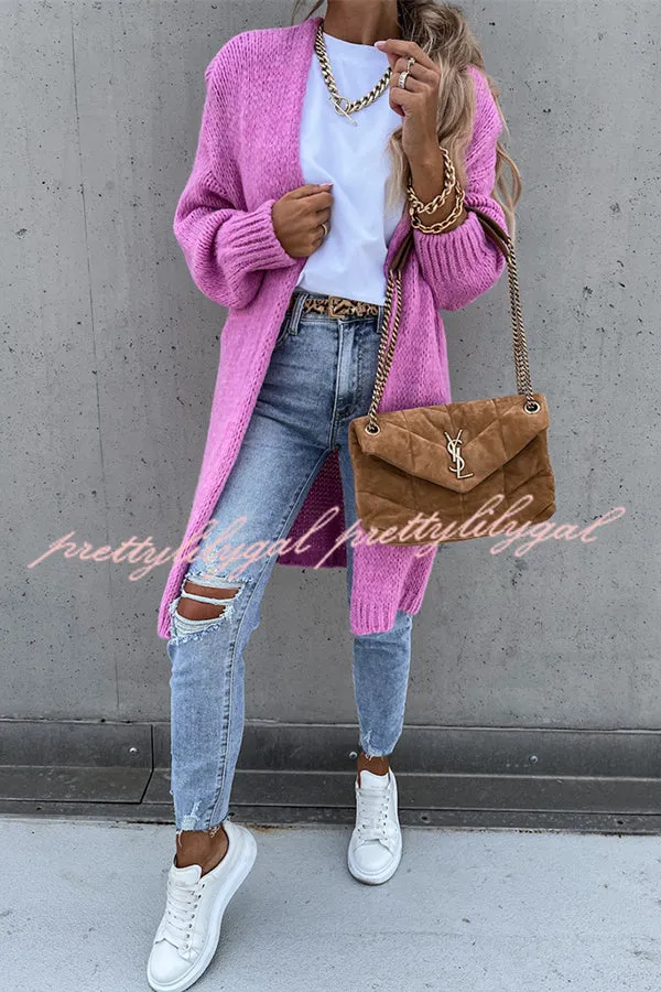 Solid Color V-neck Knitted Long-sleeved Oversized Midi Cardigan