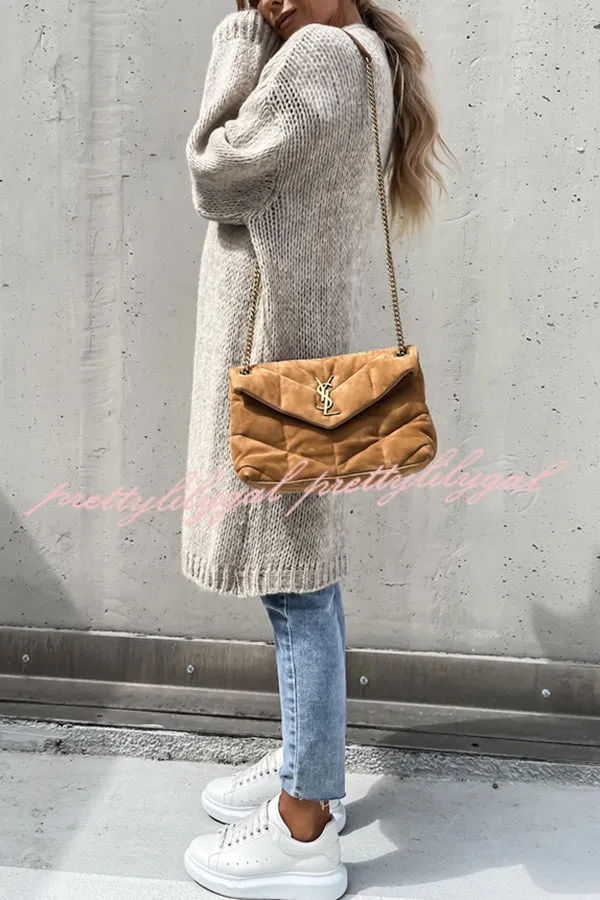 Solid Color V-neck Knitted Long-sleeved Oversized Midi Cardigan