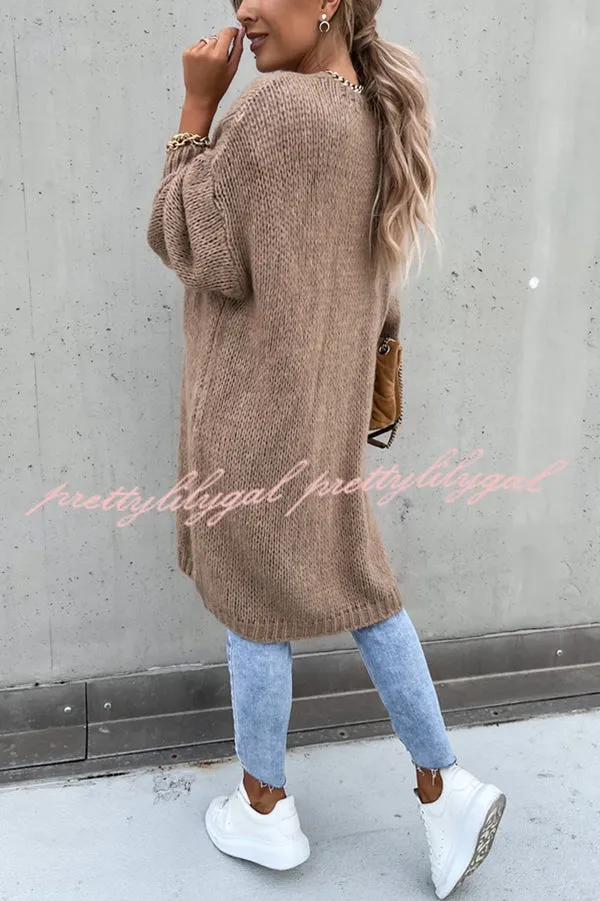 Solid Color V-neck Knitted Long-sleeved Oversized Midi Cardigan