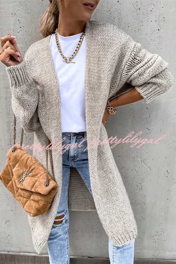 Solid Color V-neck Knitted Long-sleeved Oversized Midi Cardigan