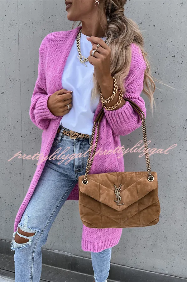 Solid Color V-neck Knitted Long-sleeved Oversized Midi Cardigan