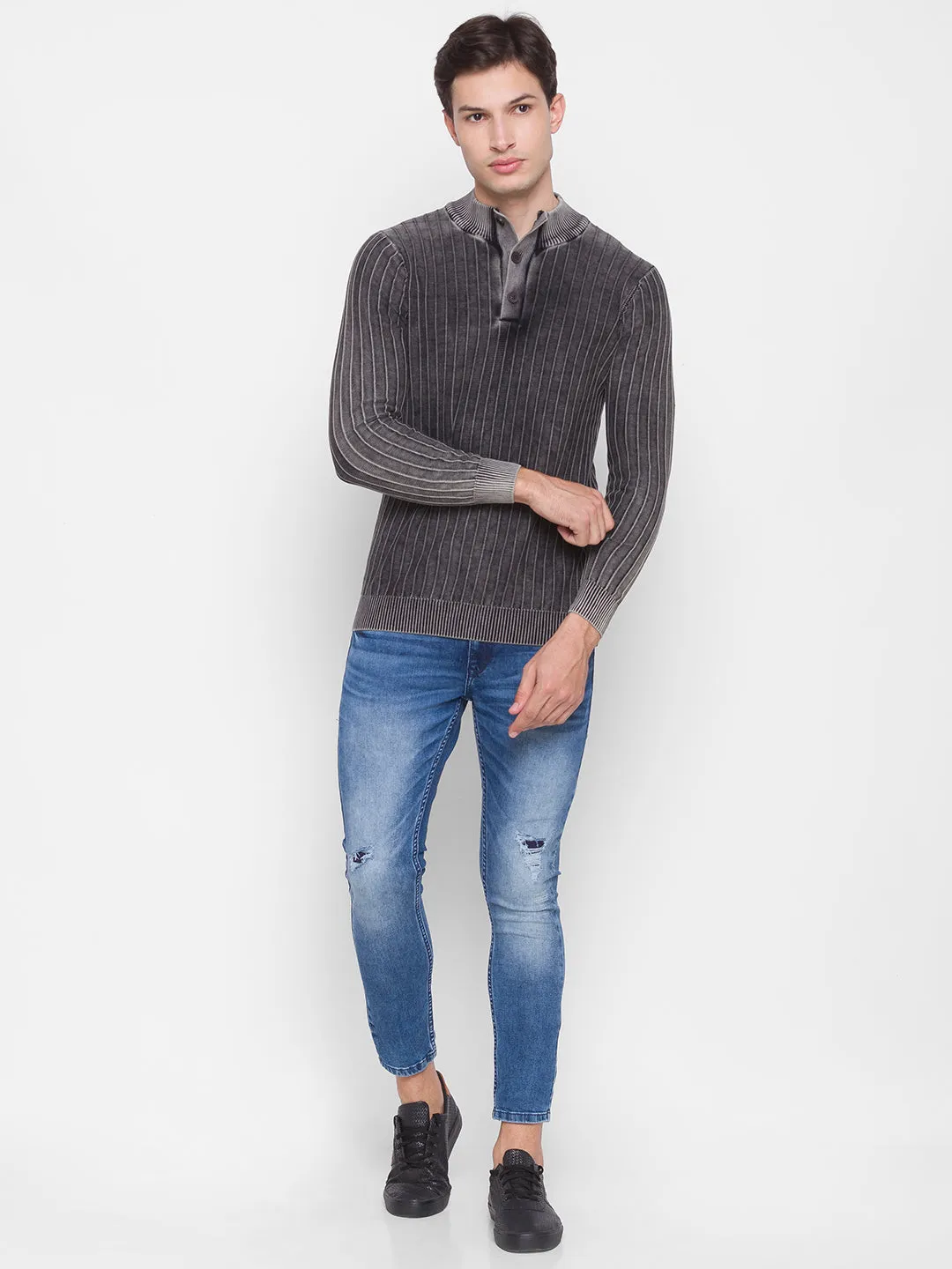 Spykar Grey Cotton Men Sweater