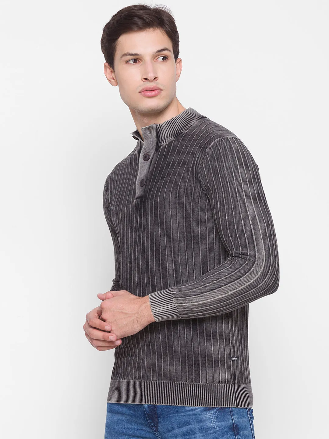 Spykar Grey Cotton Men Sweater