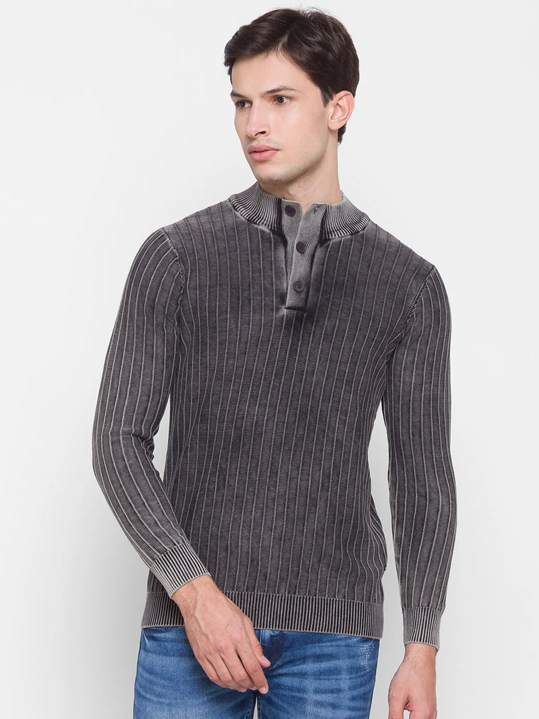 Spykar Grey Cotton Men Sweater