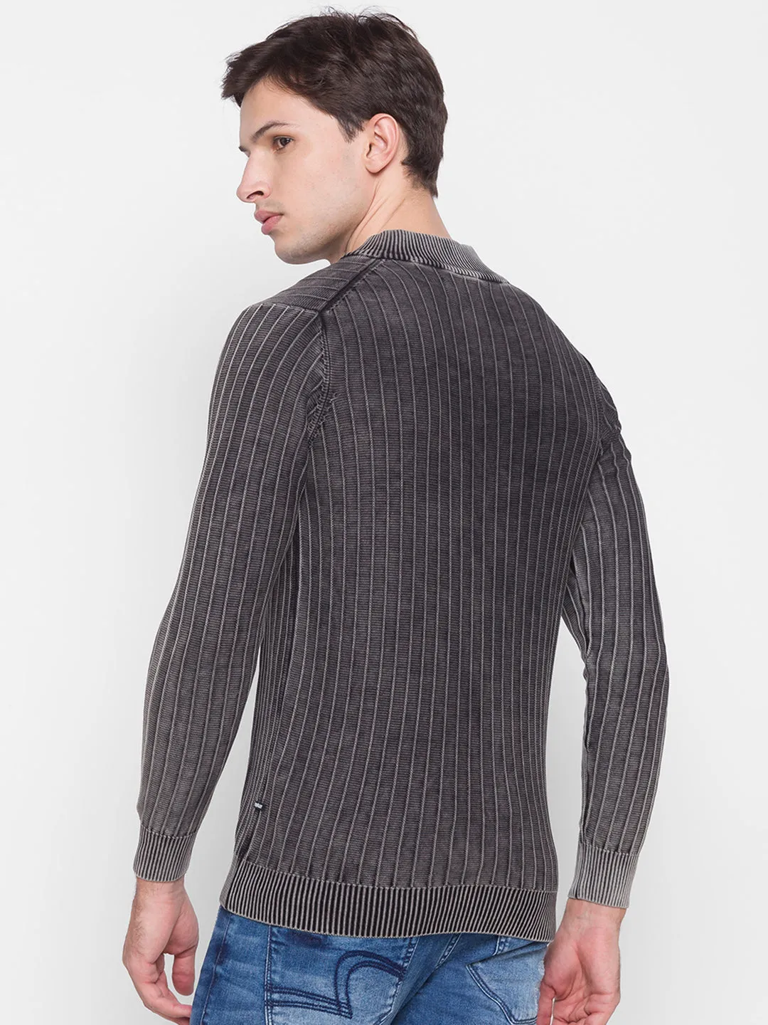 Spykar Grey Cotton Men Sweater