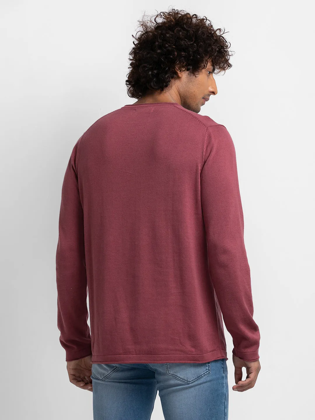 Spykar Mauve Red Cotton Full Sleeve Casual Sweater For Men