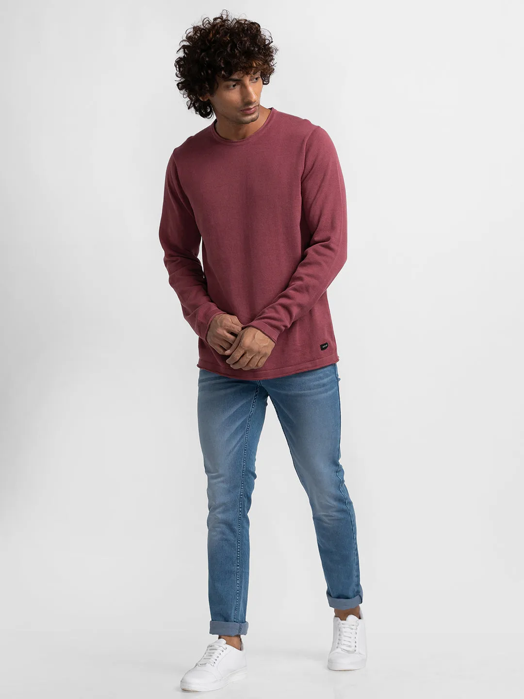 Spykar Mauve Red Cotton Full Sleeve Casual Sweater For Men