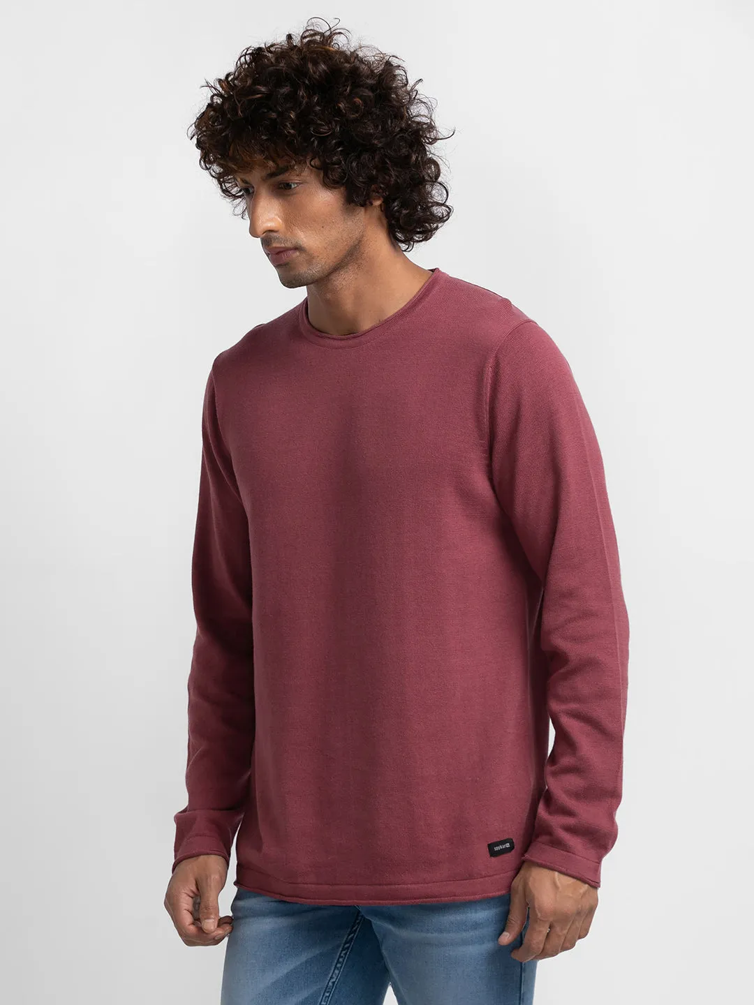 Spykar Mauve Red Cotton Full Sleeve Casual Sweater For Men