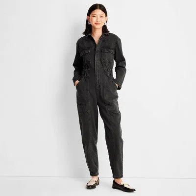 Universal Thread Women's Long Sleeve Denim Jumpsuit Wide-Leg Overalls