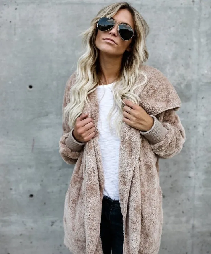 VenusFox Long Cardigan Warm Fur Coat with Pocket