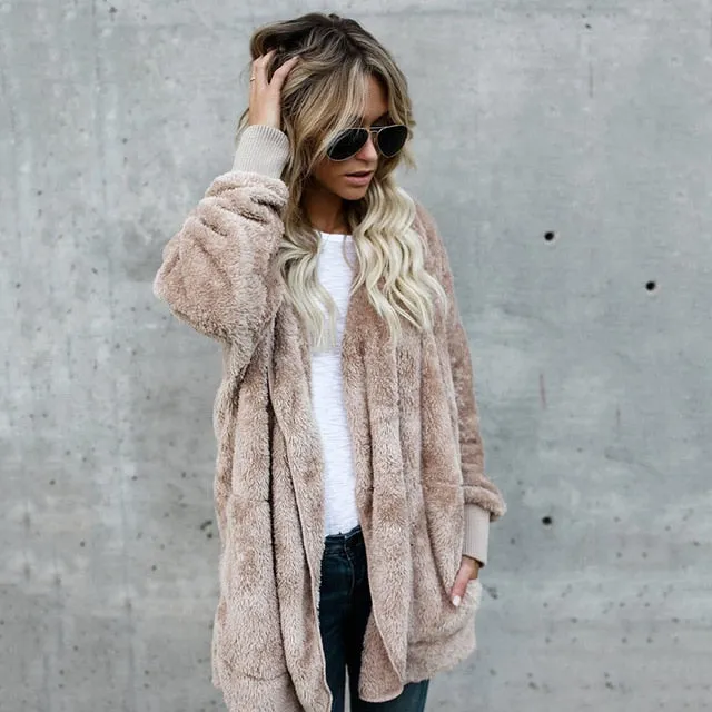 VenusFox Long Cardigan Warm Fur Coat with Pocket