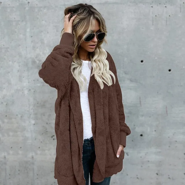 VenusFox Long Cardigan Warm Fur Coat with Pocket