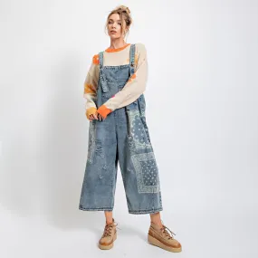 Washed Denim Loose Fit Overalls Jumpsuit Pants with Bandana Print