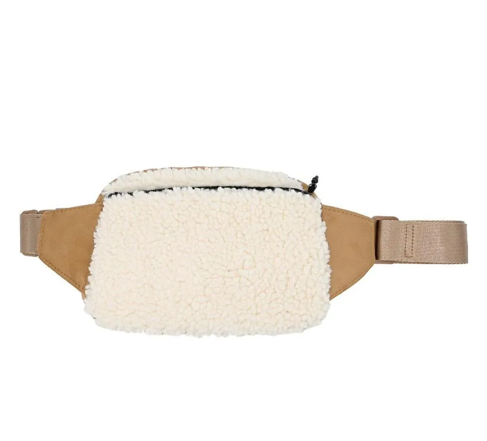 White Sherpa & Tan Suede Fanny Pack