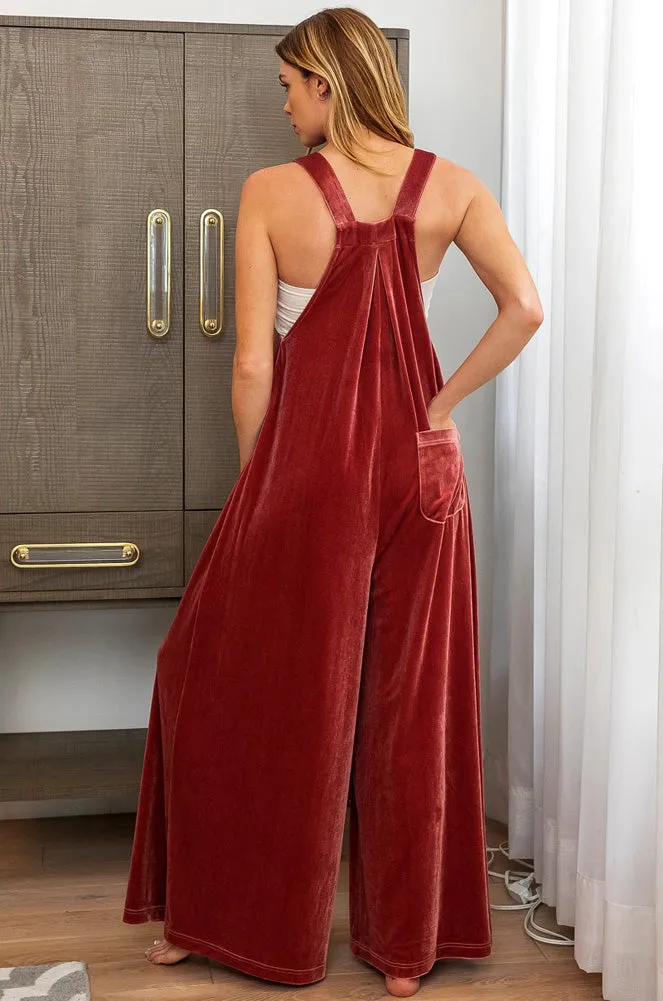 Wide Leg Velvet Overalls in Indian Red by BiBi