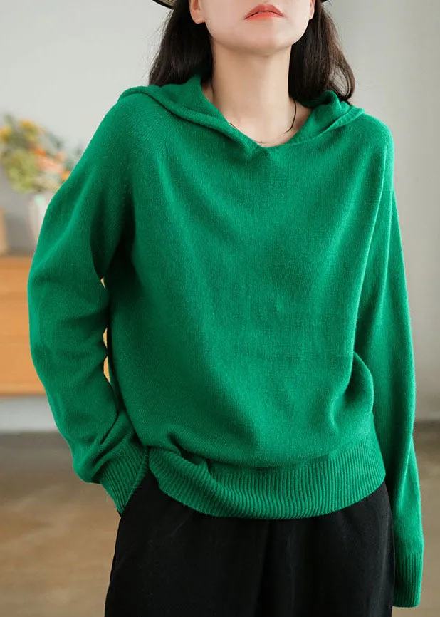 Women Green Hooded Thick Solid Color Wool Sweaters Winter