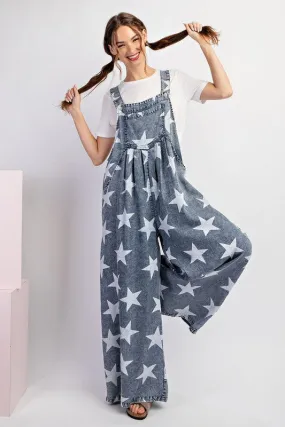 Women's Star Print Long Wide Legs Denim Baggy Jean Overalls