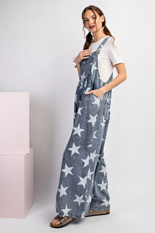 Women's Star Print Long Wide Legs Denim Baggy Jean Overalls