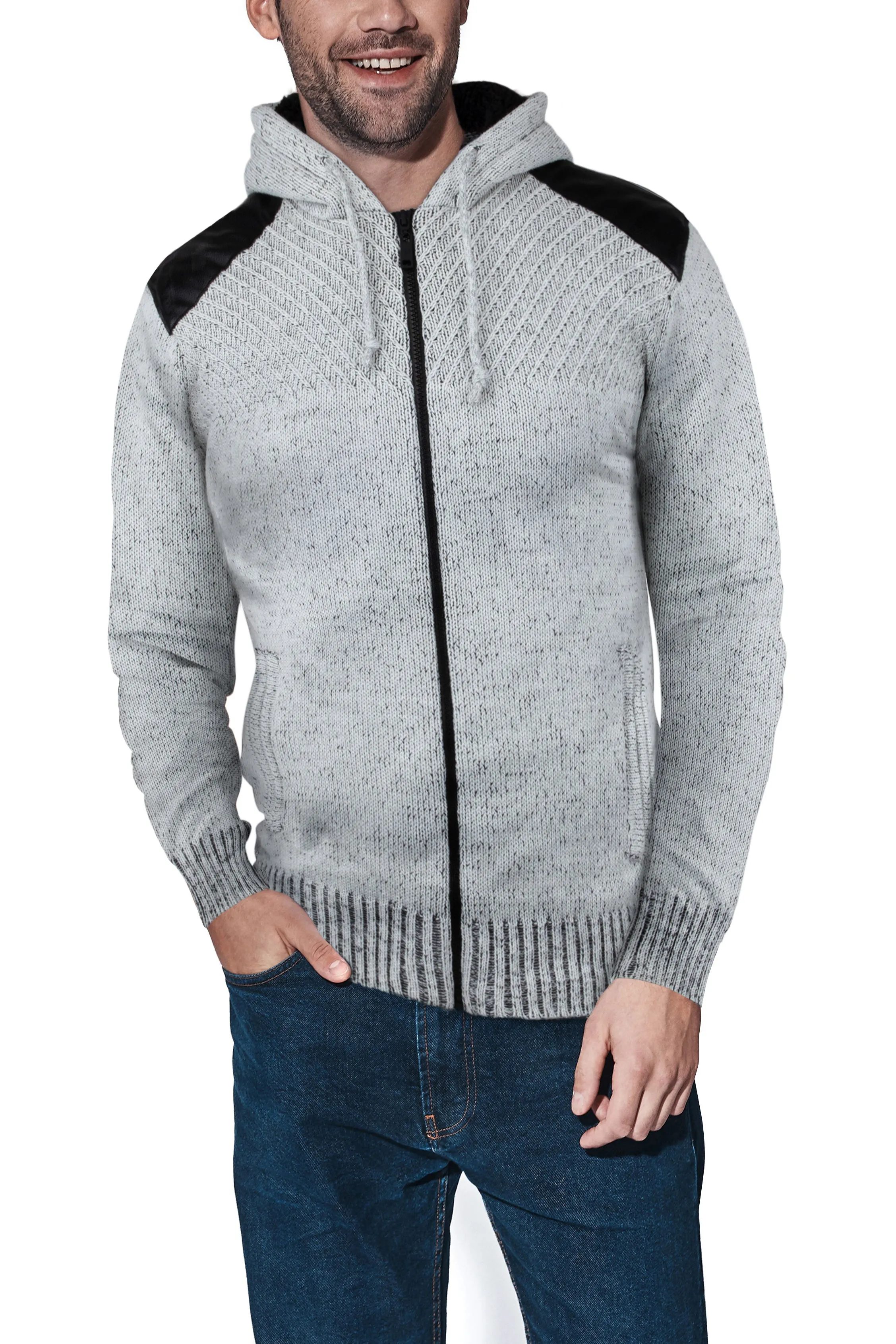 X RAY Men's Hooded Full Zip Up Sweater with Leather Shoulder Patch