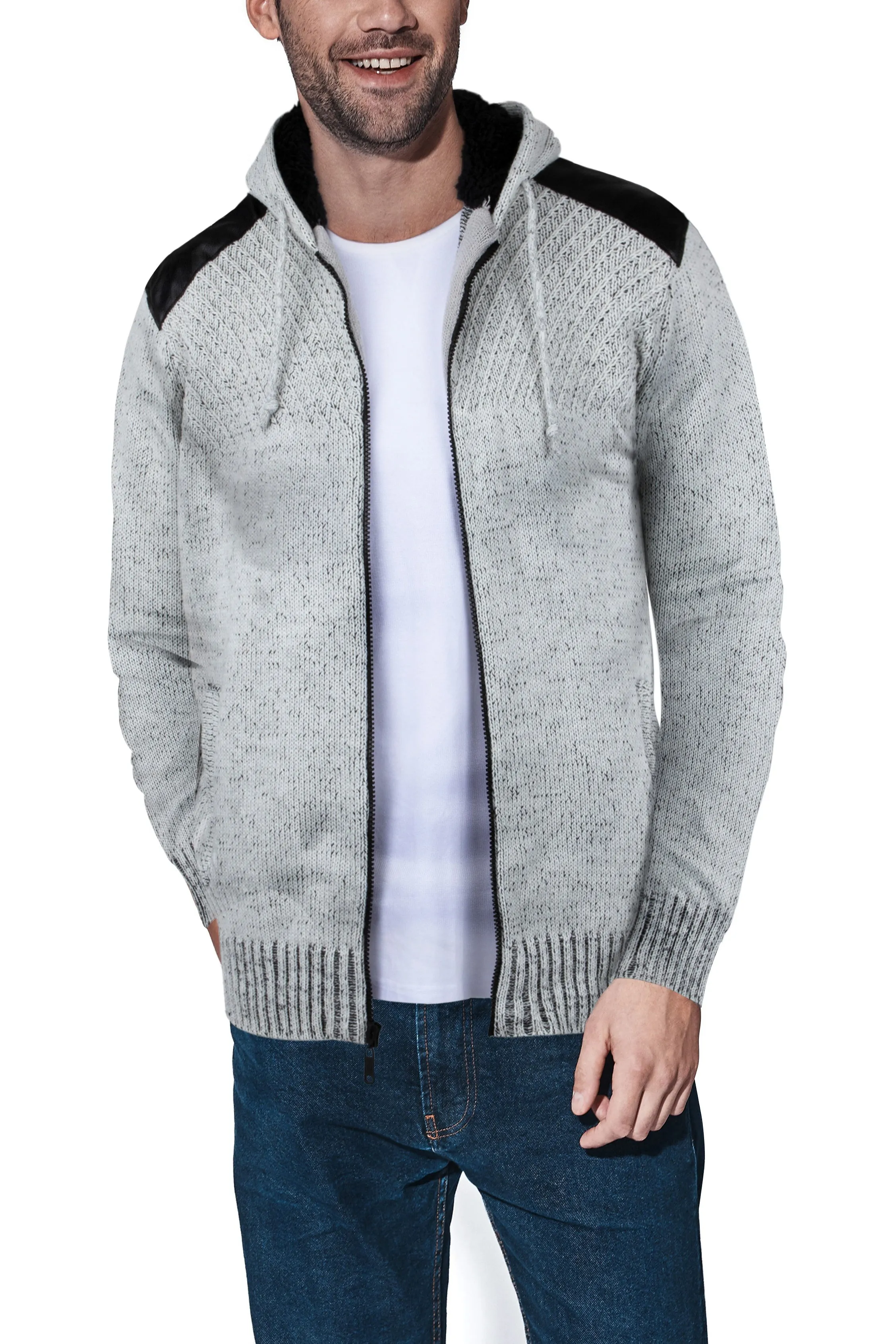 X RAY Men's Hooded Full Zip Up Sweater with Leather Shoulder Patch