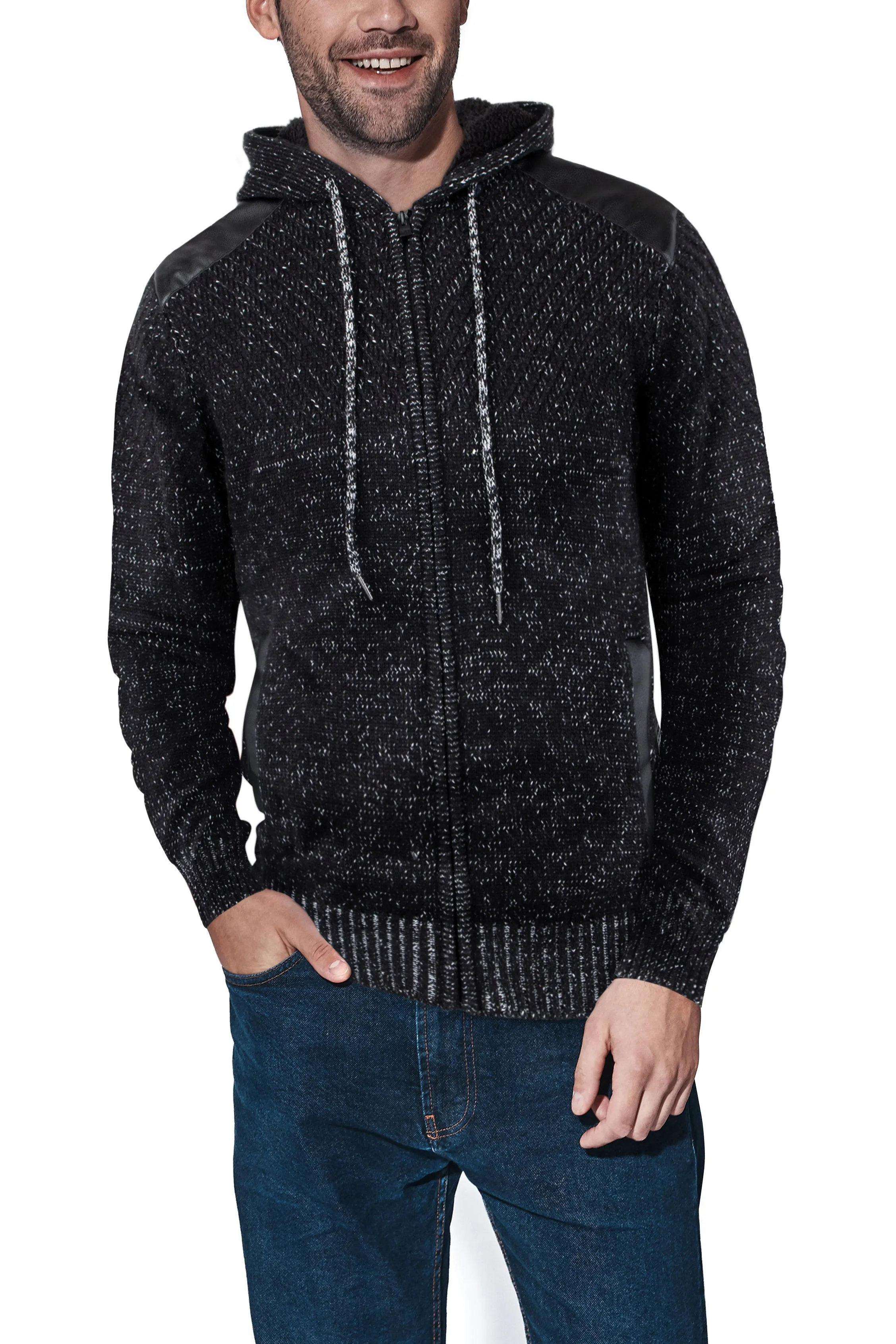 X RAY Men's Hooded Full Zip Up Sweater with Leather Shoulder Patch