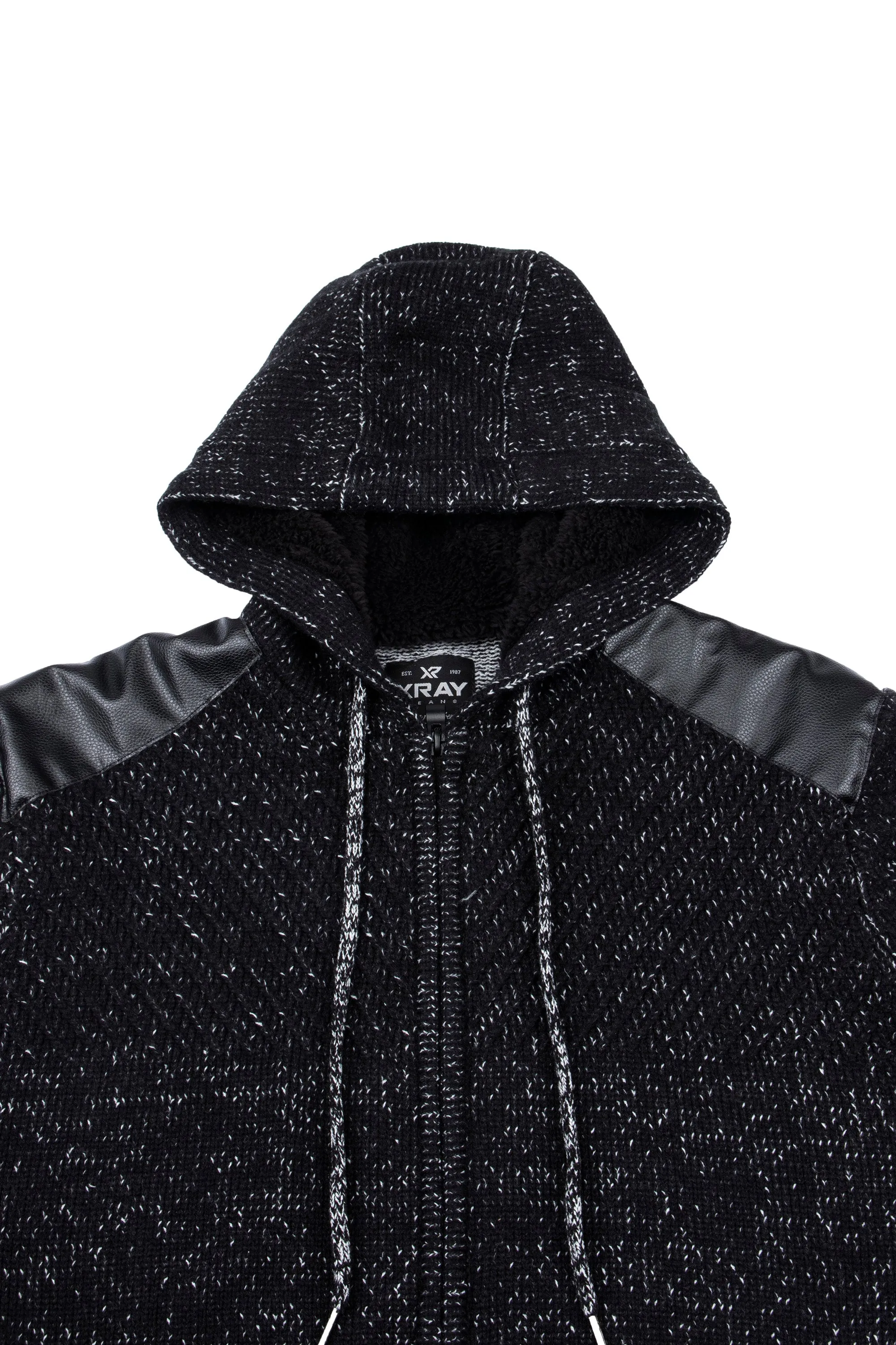 X RAY Men's Hooded Full Zip Up Sweater with Leather Shoulder Patch